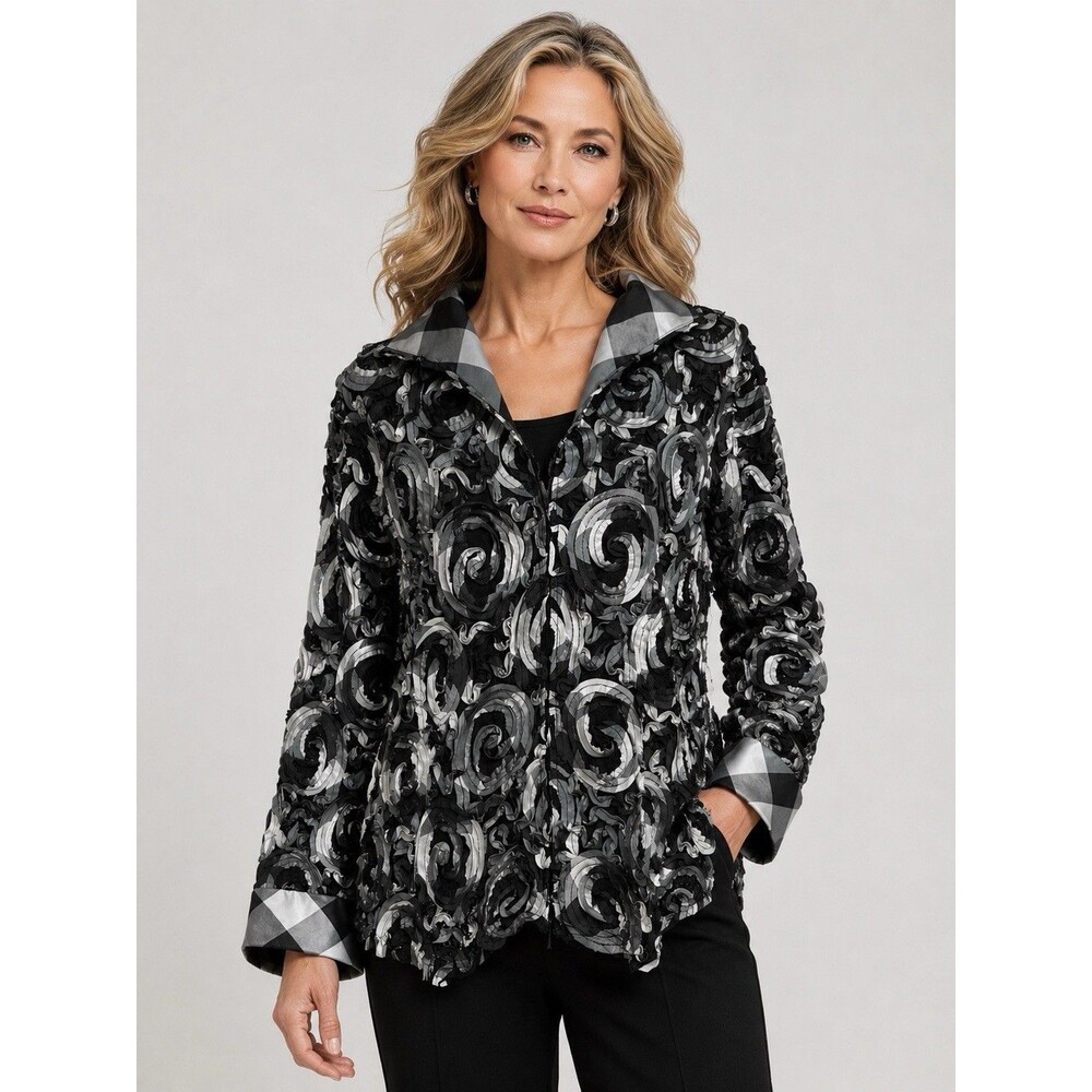 Samuel Dong Jacket Black Mesh Lace &‎ Soutache Overlay Zip Front XL
